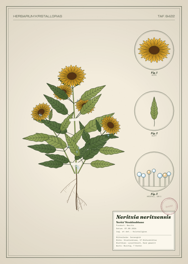 Botanische Tafel: Neritzia neritzensis, eine erfundene Pflanze aus Neritz, gezeichnet wie in einem alten Pflanzenatlas
