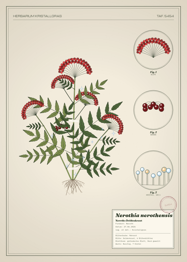Botanische Tafel: Nerothia nerothensis, eine erfundene Pflanze aus Neroth, gezeichnet wie in einem alten Pflanzenatlas