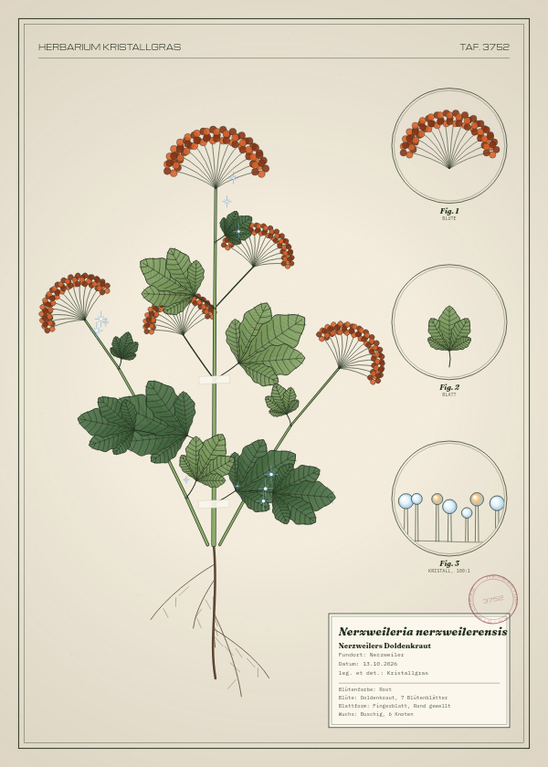 Botanische Tafel: Nerzweileria nerzweilerensis, eine erfundene Pflanze aus Nerzweiler, gezeichnet wie in einem alten Pflanzenatlas