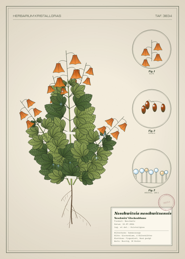Botanische Tafel: Neschwitzia neschwitzensis, eine erfundene Pflanze aus Neschwitz, gezeichnet wie in einem alten Pflanzenatlas