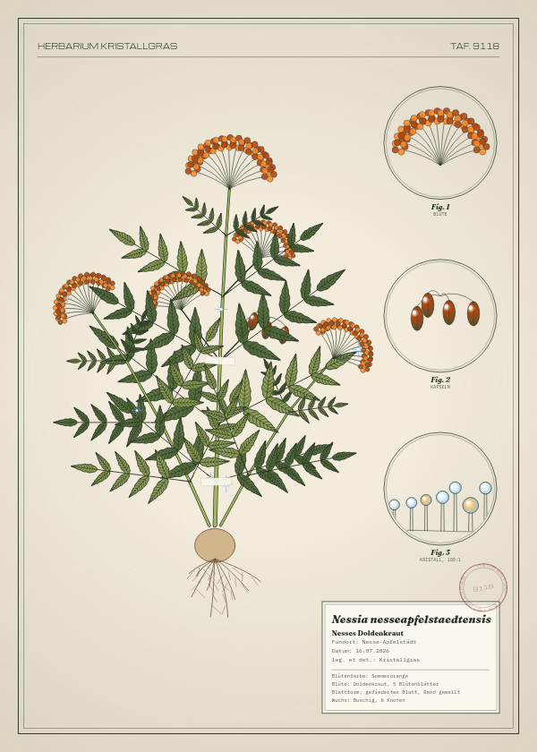 Botanische Tafel: Nessia nesseapfelstaedtensis, eine erfundene Pflanze aus Nesse-Apfelstädt, gezeichnet wie in einem alten Pflanzenatlas