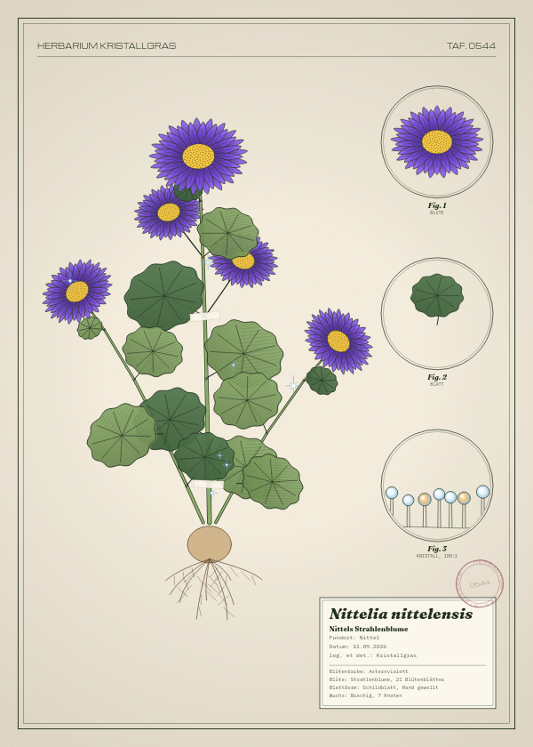 Botanische Tafel: Nittelia nittelensis, eine erfundene Pflanze aus Nittel, gezeichnet wie in einem alten Pflanzenatlas
