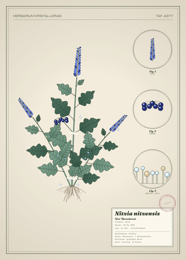 Botanische Tafel: Nitzia nitzensis, eine erfundene Pflanze aus Nitz, gezeichnet wie in einem alten Pflanzenatlas