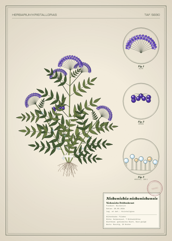 Botanische Tafel: Nickenichia nickenichensis, eine erfundene Pflanze aus Nickenich, gezeichnet wie in einem alten Pflanzenatlas