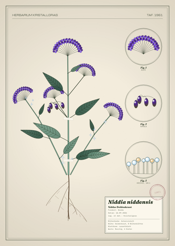 Botanische Tafel: Niddia niddensis, eine erfundene Pflanze aus Nidda, gezeichnet wie in einem alten Pflanzenatlas
