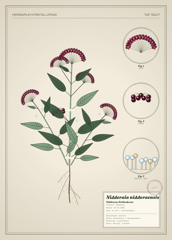 Botanische Tafel: Nidderaia nidderaensis, eine erfundene Pflanze aus Nidderau, gezeichnet wie in einem alten Pflanzenatlas