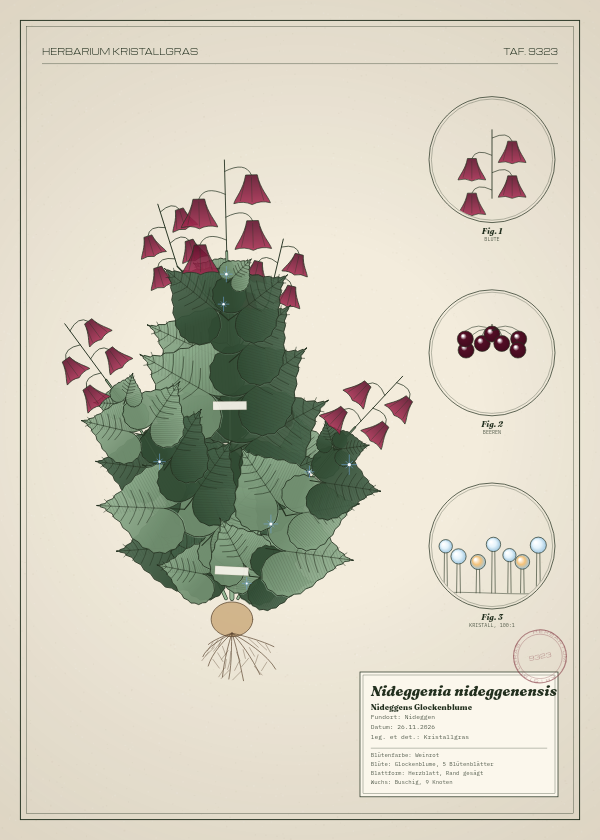 Botanische Tafel: Nideggenia nideggenensis, eine erfundene Pflanze aus Nideggen, gezeichnet wie in einem alten Pflanzenatlas