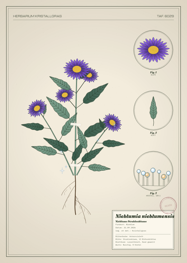 Botanische Tafel: Nieblumia nieblumensis, eine erfundene Pflanze aus Nieblum, gezeichnet wie in einem alten Pflanzenatlas