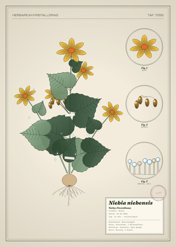Botanische Tafel: Niebia niebensis, eine erfundene Pflanze aus Nieby, gezeichnet wie in einem alten Pflanzenatlas