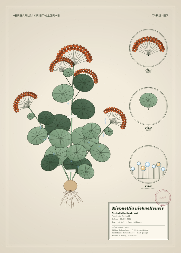Botanische Tafel: Niebuellia niebuellensis, eine erfundene Pflanze aus Niebüll, gezeichnet wie in einem alten Pflanzenatlas