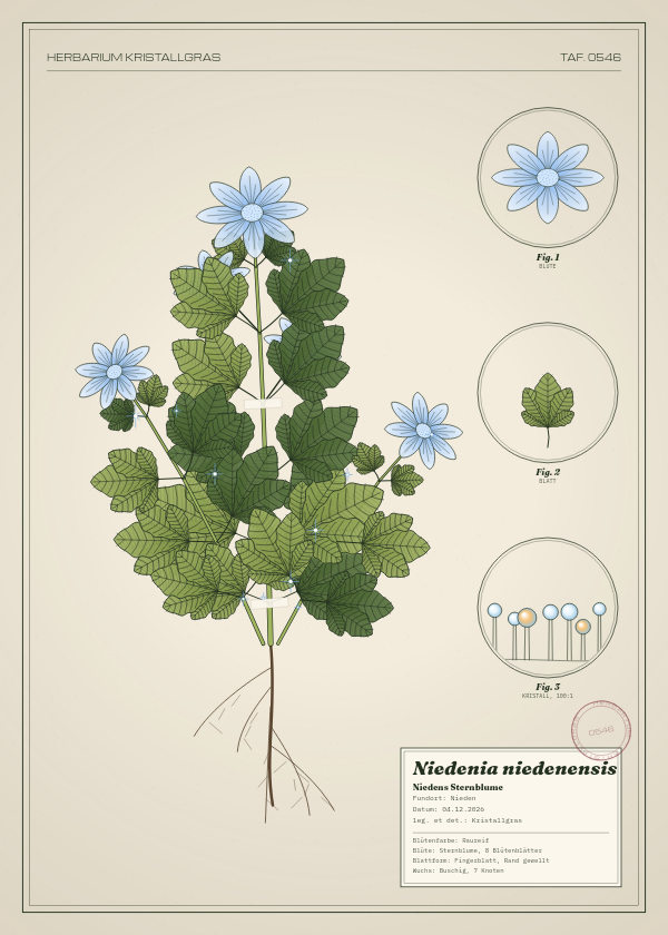 Botanische Tafel: Niedenia niedenensis, eine erfundene Pflanze aus Nieden, gezeichnet wie in einem alten Pflanzenatlas