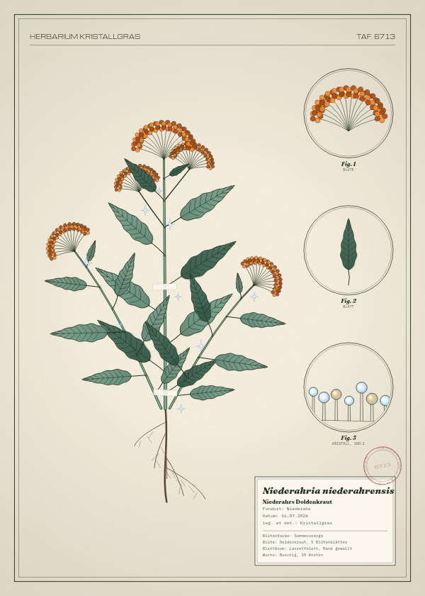 Botanische Tafel: Niederahria niederahrensis, eine erfundene Pflanze aus Niederahr, gezeichnet wie in einem alten Pflanzenatlas