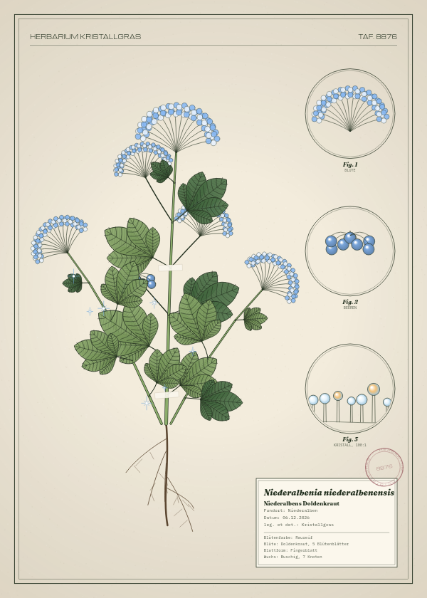 Botanische Tafel: Niederalbenia niederalbenensis, eine erfundene Pflanze aus Niederalben, gezeichnet wie in einem alten Pflanzenatlas