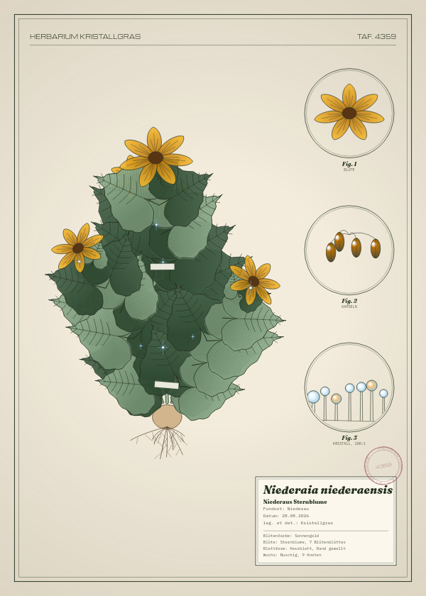 Botanische Tafel: Niederaia niederaensis, eine erfundene Pflanze aus Niederau, gezeichnet wie in einem alten Pflanzenatlas