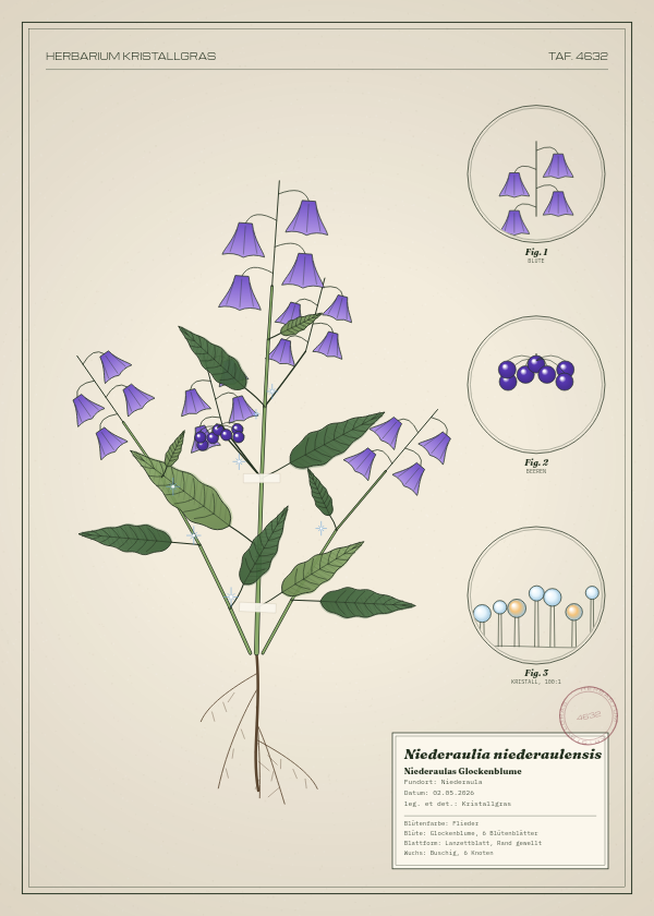 Botanische Tafel: Niederaulia niederaulensis, eine erfundene Pflanze aus Niederaula, gezeichnet wie in einem alten Pflanzenatlas