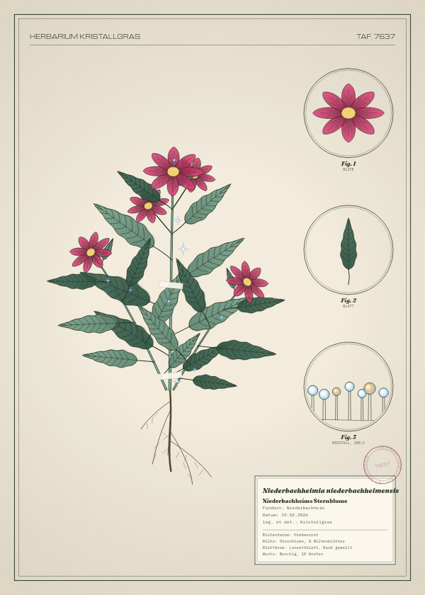 Botanische Tafel: Niederbachheimia niederbachheimensis, eine erfundene Pflanze aus Niederbachheim, gezeichnet wie in einem alten Pflanzenatlas