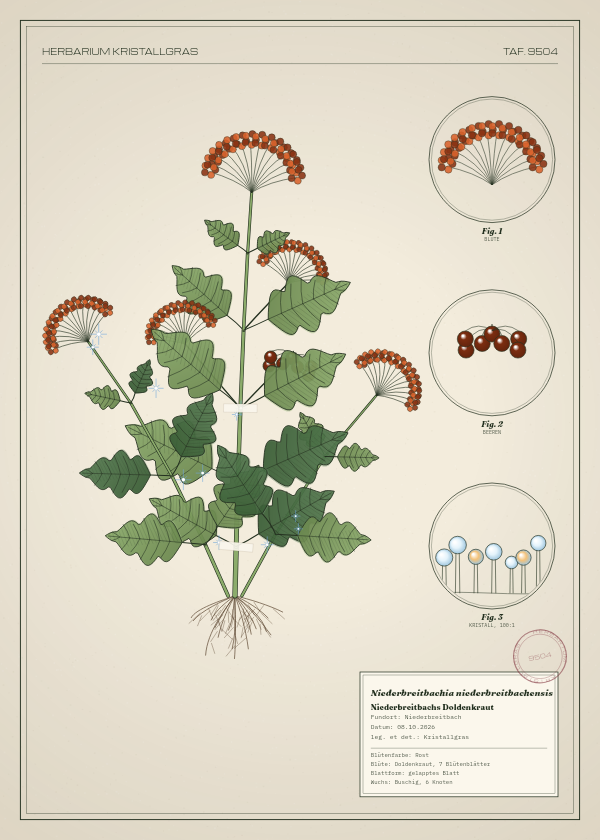 Botanische Tafel: Niederbreitbachia niederbreitbachensis, eine erfundene Pflanze aus Niederbreitbach, gezeichnet wie in einem alten Pflanzenatlas