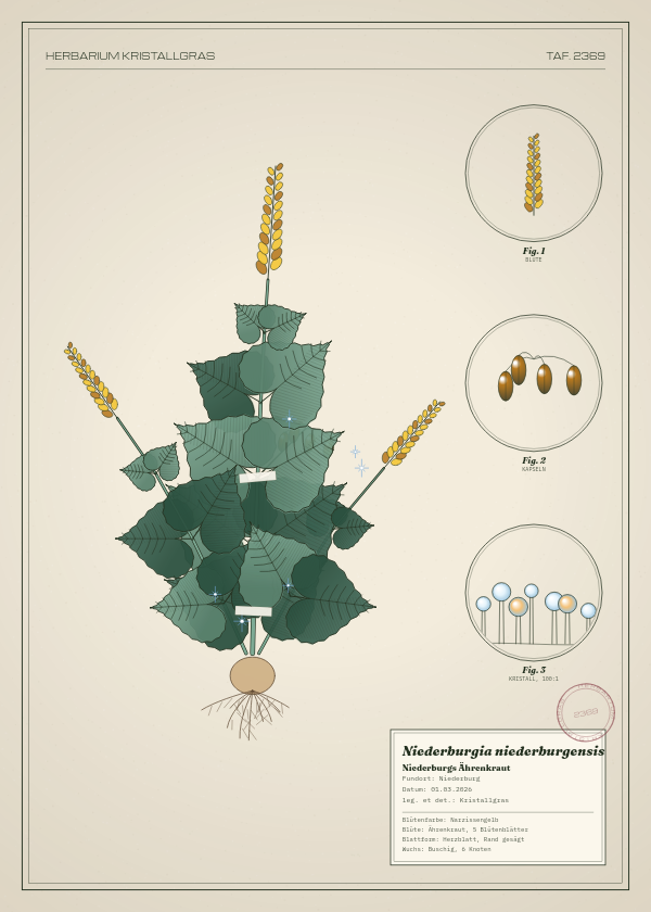 Botanische Tafel: Niederburgia niederburgensis, eine erfundene Pflanze aus Niederburg, gezeichnet wie in einem alten Pflanzenatlas