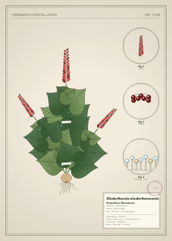 Botanische Tafel: Niederboesia niederboesensis, eine erfundene Pflanze aus Niederbösa, gezeichnet wie in einem alten Pflanzenatlas