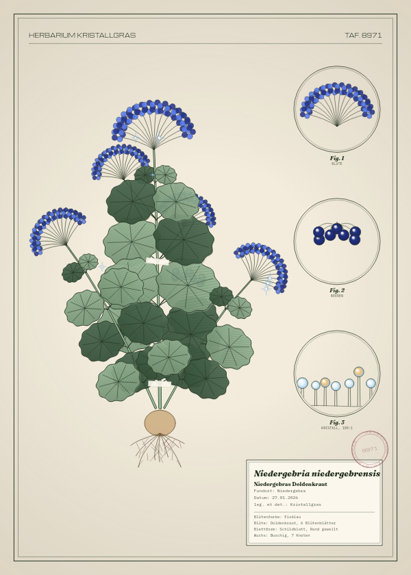 Botanische Tafel: Niedergebria niedergebrensis, eine erfundene Pflanze aus Niedergebra, gezeichnet wie in einem alten Pflanzenatlas