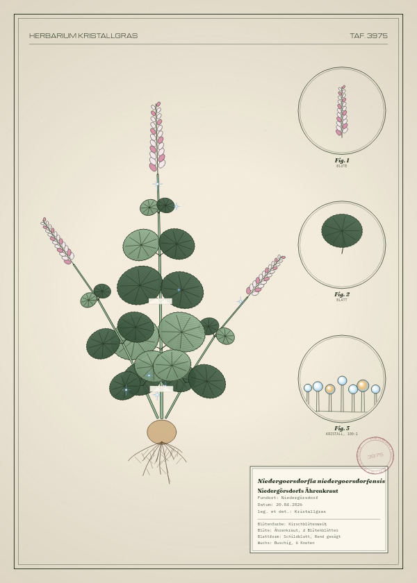 Botanische Tafel: Niedergoersdorfia niedergoersdorfensis, eine erfundene Pflanze aus Niedergörsdorf, gezeichnet wie in einem alten Pflanzenatlas