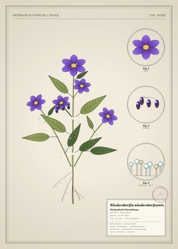 Botanische Tafel: Niederdorfia niederdorfensis, eine erfundene Pflanze aus Niederdorf, gezeichnet wie in einem alten Pflanzenatlas