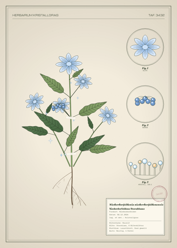 Botanische Tafel: Niederdorfeldenia niederdorfeldenensis, eine erfundene Pflanze aus Niederdorfelden, gezeichnet wie in einem alten Pflanzenatlas