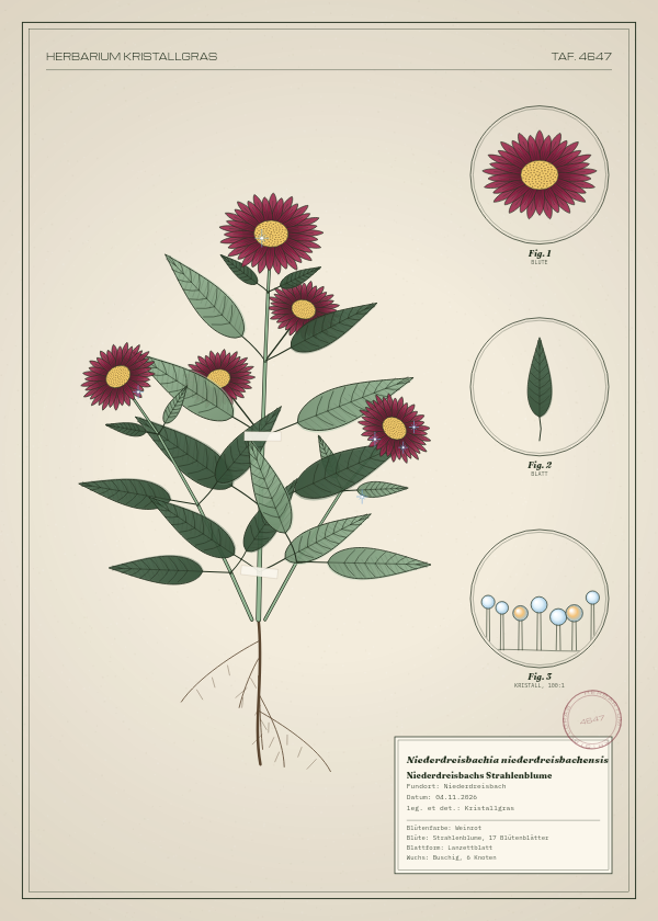 Botanische Tafel: Niederdreisbachia niederdreisbachensis, eine erfundene Pflanze aus Niederdreisbach, gezeichnet wie in einem alten Pflanzenatlas