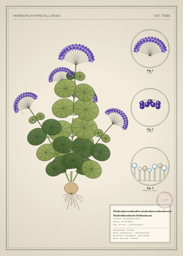 Botanische Tafel: Niederduerenbachia niederduerenbachensis, eine erfundene Pflanze aus Niederdürenbach, gezeichnet wie in einem alten Pflanzenatlas