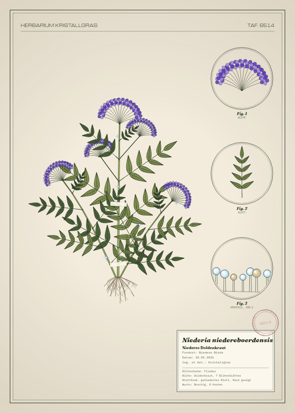 Botanische Tafel: Niederia niedereboerdensis, eine erfundene Pflanze aus Niedere Börde, gezeichnet wie in einem alten Pflanzenatlas