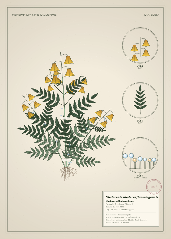 Botanische Tafel: Niedereria niedererflaemingensis, eine erfundene Pflanze aus Niederer Fläming, gezeichnet wie in einem alten Pflanzenatlas