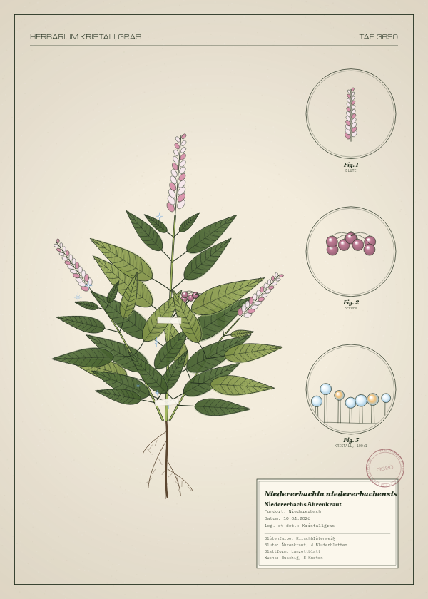 Botanische Tafel: Niedererbachia niedererbachensis, eine erfundene Pflanze aus Niedererbach, gezeichnet wie in einem alten Pflanzenatlas