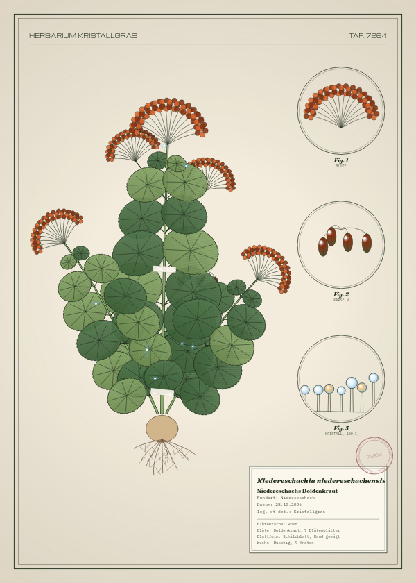 Botanische Tafel: Niedereschachia niedereschachensis, eine erfundene Pflanze aus Niedereschach, gezeichnet wie in einem alten Pflanzenatlas