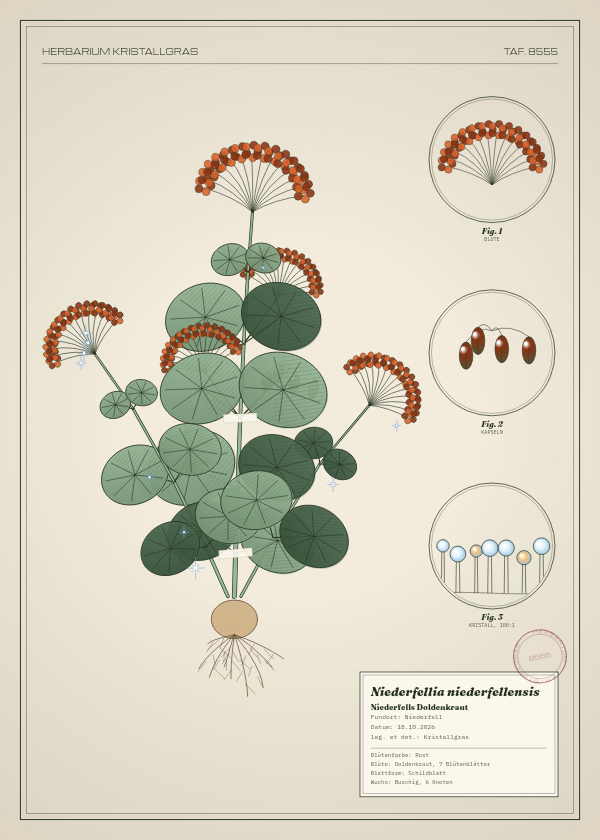 Botanische Tafel: Niederfellia niederfellensis, eine erfundene Pflanze aus Niederfell, gezeichnet wie in einem alten Pflanzenatlas