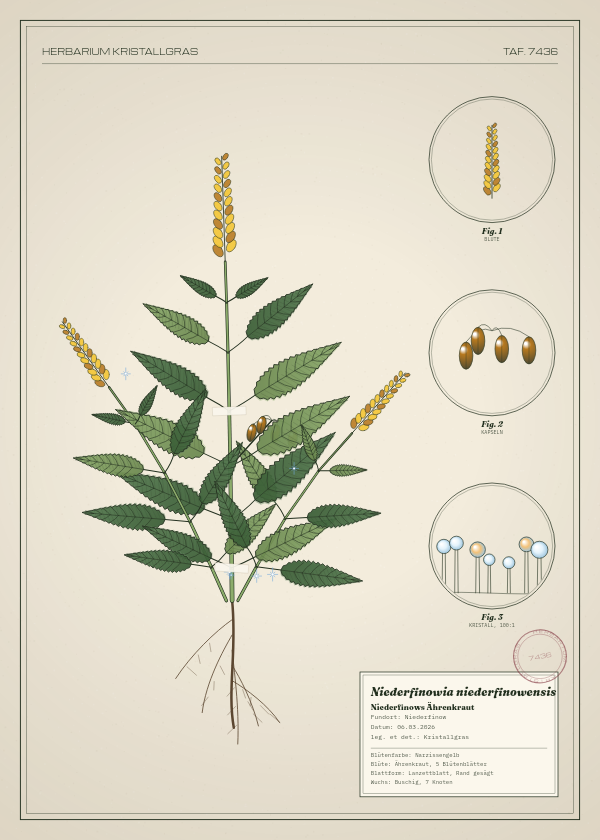 Botanische Tafel: Niederfinowia niederfinowensis, eine erfundene Pflanze aus Niederfinow, gezeichnet wie in einem alten Pflanzenatlas