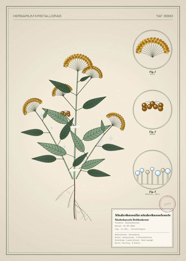 Botanische Tafel: Niederkasselia niederkasselensis, eine erfundene Pflanze aus Niederkassel, gezeichnet wie in einem alten Pflanzenatlas