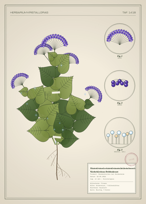 Botanische Tafel: Niederkirchenia niederkirchenbeideidesheimensis, eine erfundene Pflanze aus Niederkirchen bei Deidesheim, gezeichnet wie in einem alten Pflanzenatlas