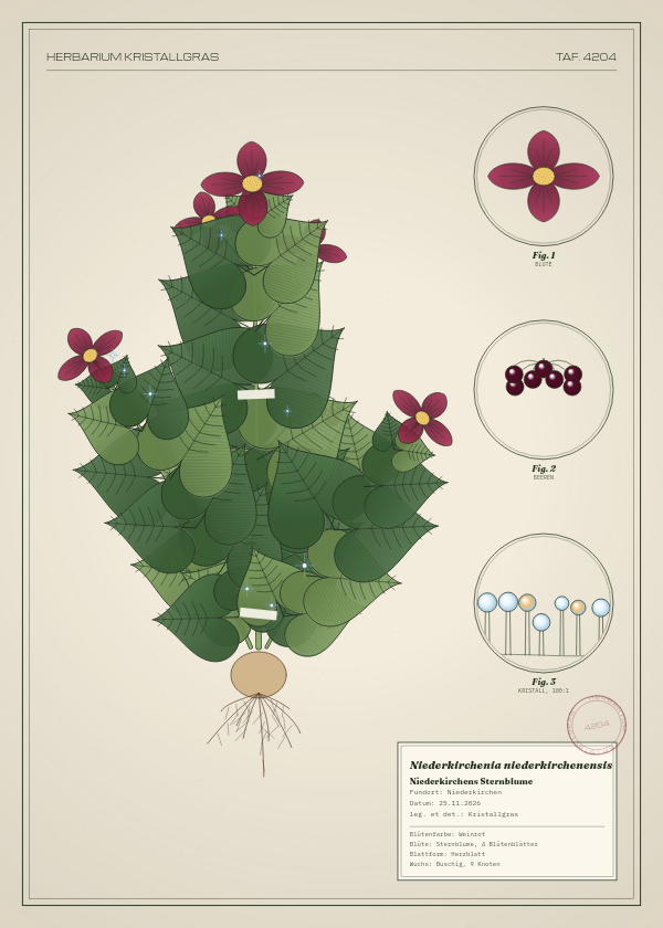 Botanische Tafel: Niederkirchenia niederkirchenensis, eine erfundene Pflanze aus Niederkirchen, gezeichnet wie in einem alten Pflanzenatlas