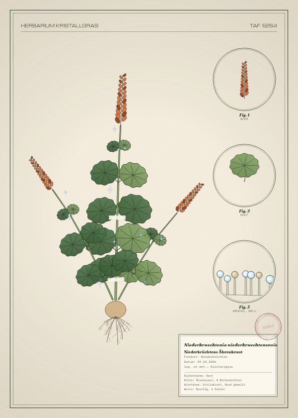 Botanische Tafel: Niederkruechtenia niederkruechtenensis, eine erfundene Pflanze aus Niederkrüchten, gezeichnet wie in einem alten Pflanzenatlas