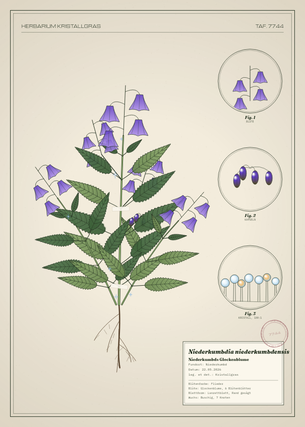 Botanische Tafel: Niederkumbdia niederkumbdensis, eine erfundene Pflanze aus Niederkumbd, gezeichnet wie in einem alten Pflanzenatlas