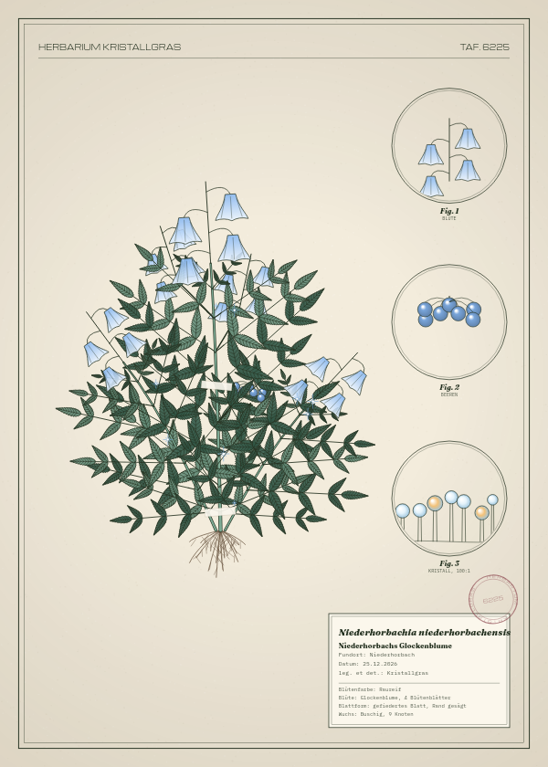 Botanische Tafel: Niederhorbachia niederhorbachensis, eine erfundene Pflanze aus Niederhorbach, gezeichnet wie in einem alten Pflanzenatlas