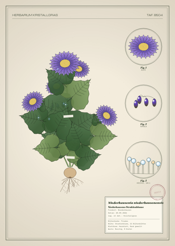 Botanische Tafel: Niederhausenia niederhausenensis, eine erfundene Pflanze aus Niederhausen, gezeichnet wie in einem alten Pflanzenatlas