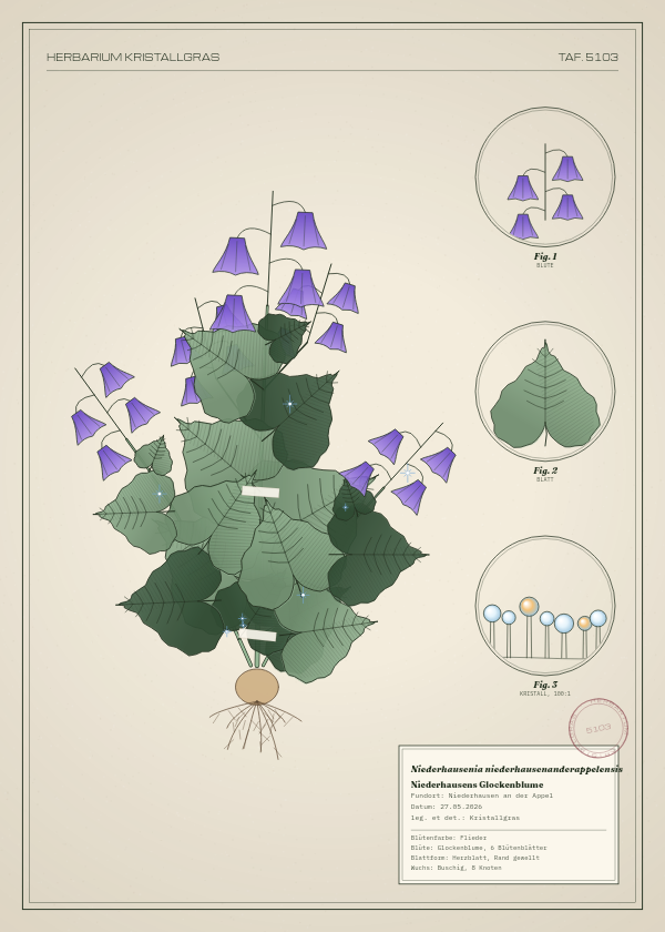 Botanische Tafel: Niederhausenia niederhausenanderappelensis, eine erfundene Pflanze aus Niederhausen an der Appel, gezeichnet wie in einem alten Pflanzenatlas