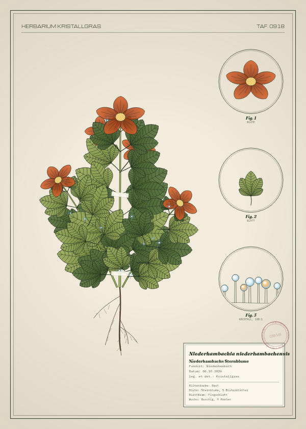 Botanische Tafel: Niederhambachia niederhambachensis, eine erfundene Pflanze aus Niederhambach, gezeichnet wie in einem alten Pflanzenatlas