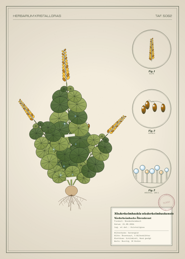Botanische Tafel: Niederheimbachia niederheimbachensis, eine erfundene Pflanze aus Niederheimbach, gezeichnet wie in einem alten Pflanzenatlas