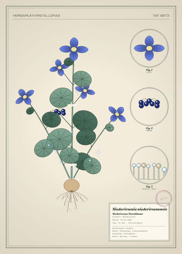 Botanische Tafel: Niederirsenia niederirsenensis, eine erfundene Pflanze aus Niederirsen, gezeichnet wie in einem alten Pflanzenatlas