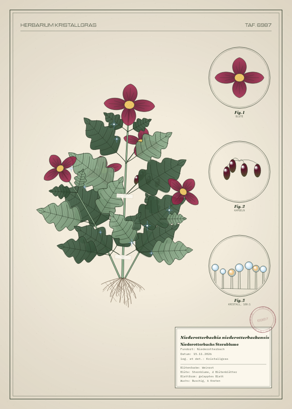 Botanische Tafel: Niederotterbachia niederotterbachensis, eine erfundene Pflanze aus Niederotterbach, gezeichnet wie in einem alten Pflanzenatlas