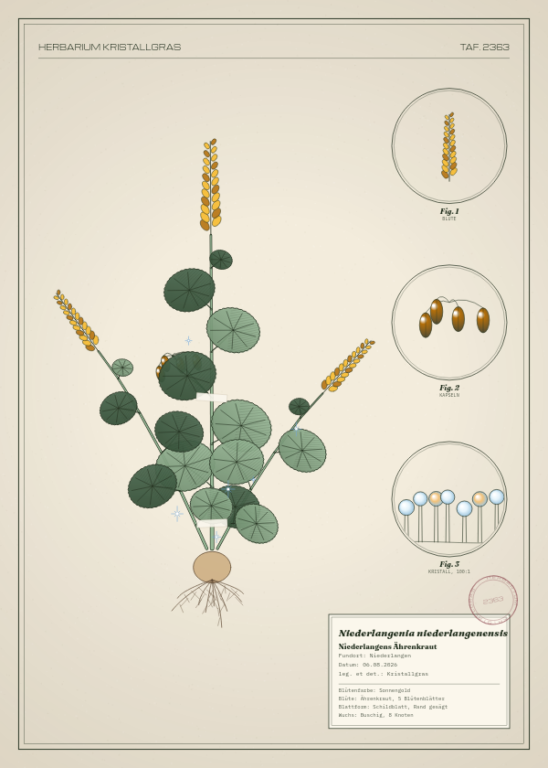 Botanische Tafel: Niederlangenia niederlangenensis, eine erfundene Pflanze aus Niederlangen, gezeichnet wie in einem alten Pflanzenatlas