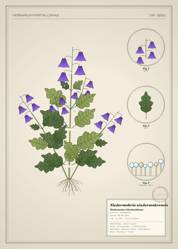 Botanische Tafel: Niedermohria niedermohrensis, eine erfundene Pflanze aus Niedermohr, gezeichnet wie in einem alten Pflanzenatlas
