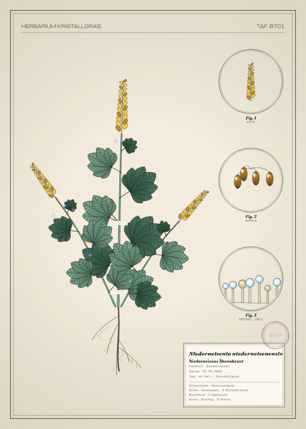 Botanische Tafel: Niederneisenia niederneisenensis, eine erfundene Pflanze aus Niederneisen, gezeichnet wie in einem alten Pflanzenatlas